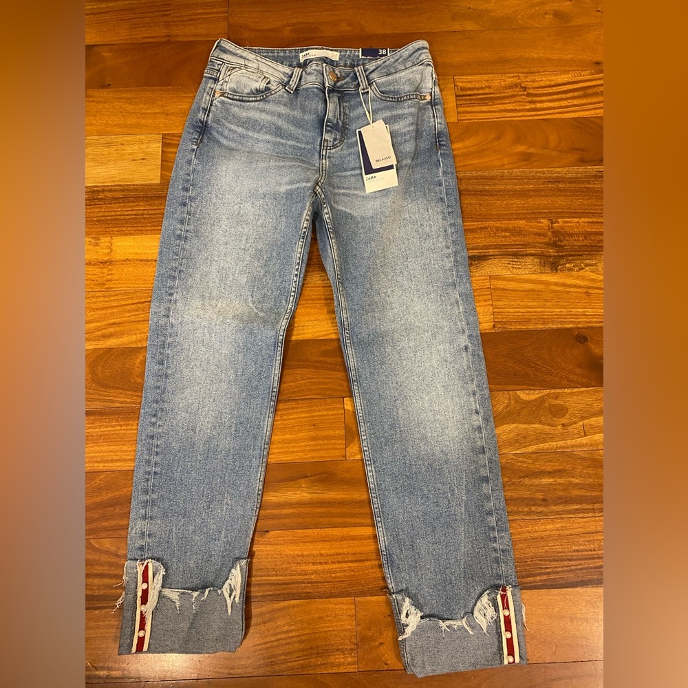 NWT Zara Basic Z1975 Denim Straight Leg Ankle Pearl Cuff Jean Size 06/38 - Picture 3 of 9